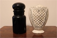 Belgium Lidded Black Jar w/ Cast Iron Vase