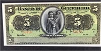 1906-14 $5 Banco De Guerrero Pesos Currency