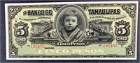 1914 $5 Pesos Banco De Tamaulipas Currency