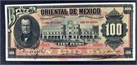 1900 $100 Pesos Banco Oriental De Mexico Currency