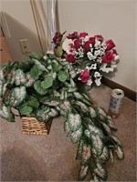 Lot of Fake Flowers, Vase, Basket