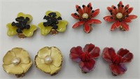 4 Vintage Flower Ear Clips of Different Colors