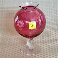 Cranberry Etched Flower Globe Glass Vase
