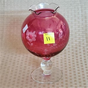 Cranberry Etched Flower Globe Glass Vase