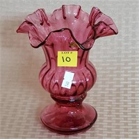 Fenton Cranberry Ruffled Handblown Glass Vase