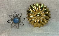 (2) Vintage Brooches: Silver Tone Blue Flower,