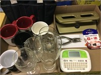 2 Trays of mugs & glass, paper punch, lunch bag,