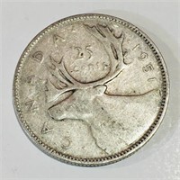 Silver 1951 Canada 25 Cent Coin