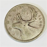 Silver 1943 Canada 25 Cent Coin