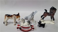 5 ceramic animals donkey, horse, bird, rocking
