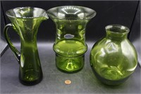 3 BLENKO Olive Green Glass Pitcher & Vases