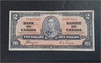 1937 Canada $2 Banknote VF30 King George VI