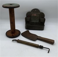 comb box, meat cleaver, spring scale and spool