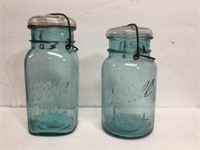 (2) Blue Ball Fruit Jars w/ clear lids quart