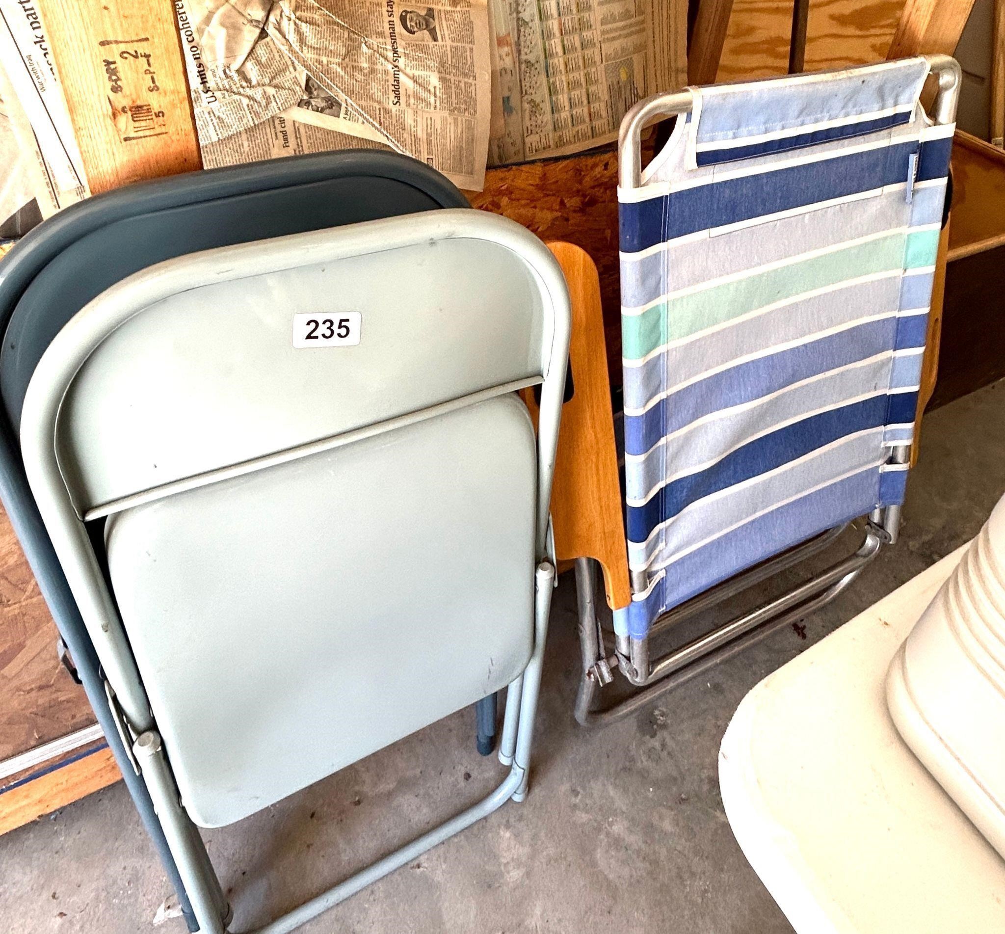 2 METAL FOLDING CHAIRS & BEACH CHAIR