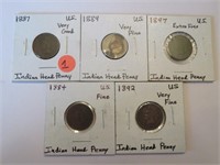 5 Indian Head Pennies 1884/1887/1889/1892/1897