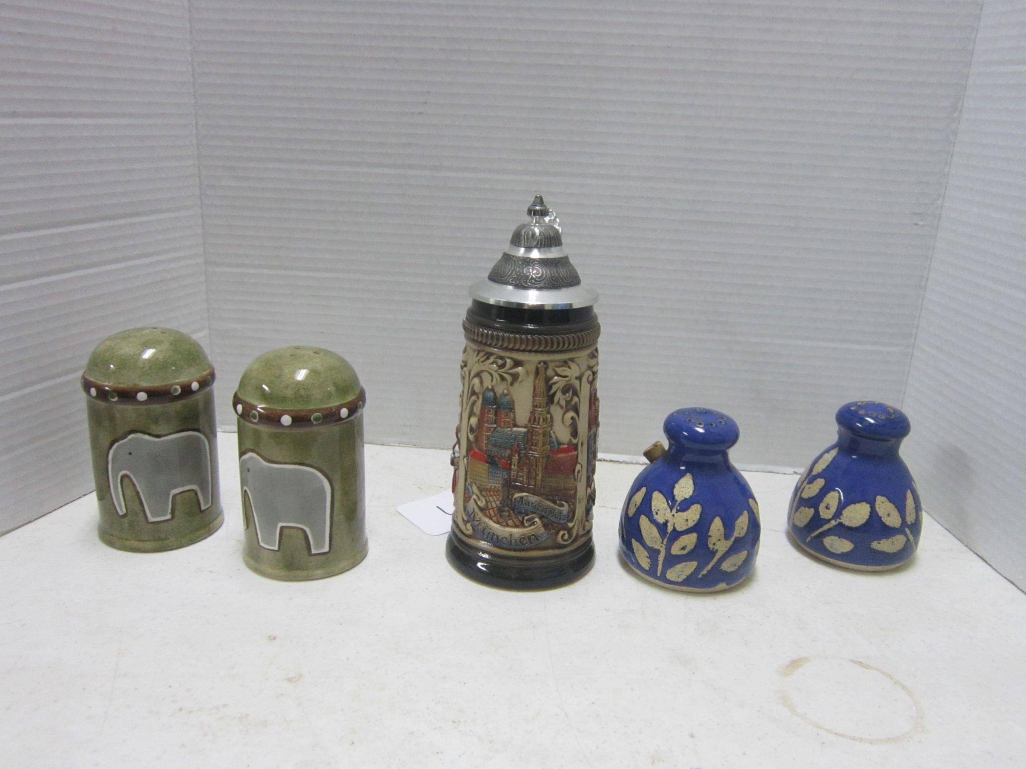 GERMAN BEER STEIN AND 2 PAIRS OF POTTERY SHAKERS
