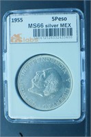 1955  5 Peso  MS66  MEX silver