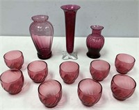 Twelve Pieces of Cranberry Glass