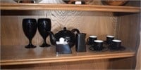 Black Teapot, Black & White Sugar and Creamer,