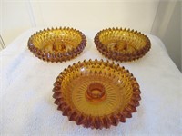 3 Amber Hobnail Candle Holders