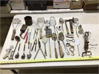 Lot misc old and crusty kitchen utensils, etc