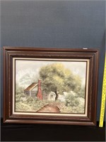 Signed Oil on Canvas Farm House Rock Chimney