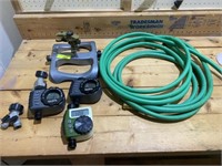 Garden Hose, 3 Sprinkler Timers, and Sprinkler