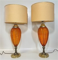 FABULOUS PAIR OF RETRO ORANGE GLASS TABLE LAMPS