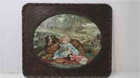 Antique Picture And Frame-Child w/Dog