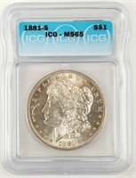 Coin 1881-S  Morgan Silver Dollar ICG MS65