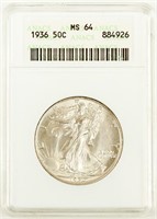 Coin 1936 Walking Liberty Half Dollar ANACS MS64