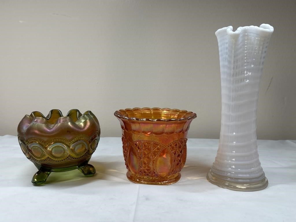Swung vase and 2 carnival glass dishes