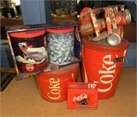 Coca-Cola items tins, can airplane, playing card