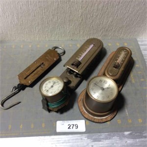 2 vintage clock temperature gauges & scale