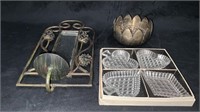 Vintage bridge ashtrays, mirror, and flower frog