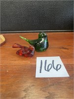 green glass bird paperweight & red glass bird