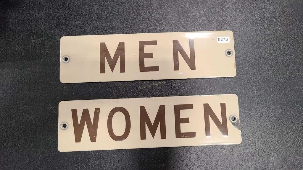 2 PORCELAIN RESTROOM DOOR SIGNS 11" X 3"