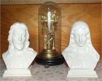 JESUS & MARY BUSTS, ANTIQUE CRUCIFIX W/ GLASS DOME