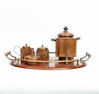 Copper Tea Service and Lantern on Tiger Oak Tray