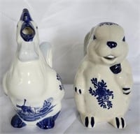 2pcs Small Blue & White Porcelain Animal Pitchers