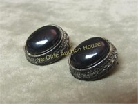 Silvertone Metal and Black Glass Oval Earrings