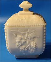 Beaded Grape Milk Glass Covered Candy Dish