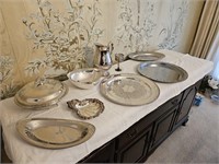 9pc Silver Plate Serving Trays Pitcher