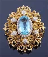 18K Gold Diamond Aquamarine Brooch