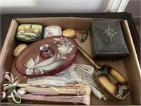 Trinket boxes, dresser boxes, fans, hairbrush