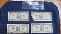 Money: 4 bicentennial $2 bills (1 torn corner)