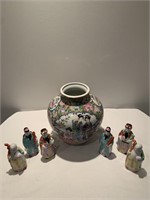 11" Oriental Vase & 6 Figurines