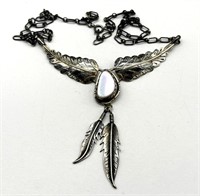 ‘925’ Marked Necklace with Stone and Feathers