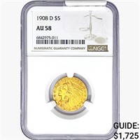 1908-D $5 Gold Half Eagle NGC AU58